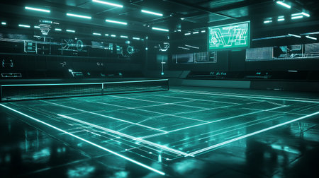 3d rendering of a tennis court in a dark room with green lightsの写真素材