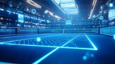 3D render of a tennis court with neon lights on it.