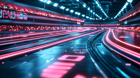 Futuristic road tunnel with neon lights. 3D Renderingの写真素材