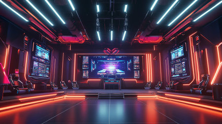 Futuristic spaceship interior with glowing neon lights. 3D Rendering