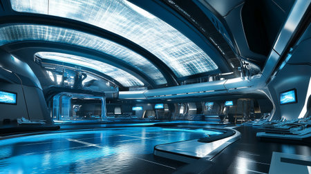 Futuristic interior of the spaceship. 3d rendering toned image