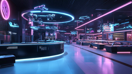 3D rendering of a futuristic interior of a nightclub with neon lights
