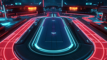 3D rendering of a futuristic sci-fi corridor with neon lightsの写真素材