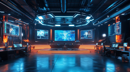 Interior of a gaming room with a lot of monitors and screens