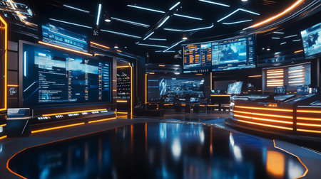 Futuristic interior of the control room with large screens. 3d renderingの写真素材