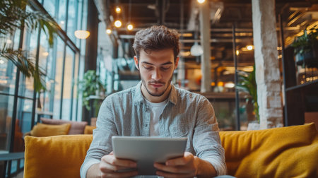 Portrait of young man using digital tablet while sitting in coffee shop