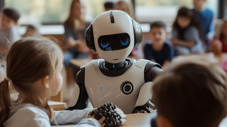 kids with robot teacher in classroom at school, education and technology conceptの写真素材