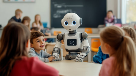 kids with robot teacher in classroom at school. little boy and girl sitting at desk and learningの写真素材