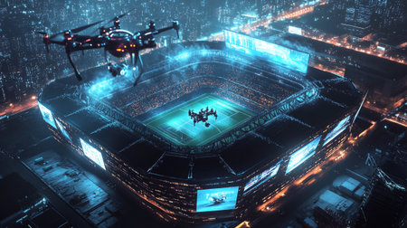 Drone flying over the football stadium at night 3D rendering.の写真素材