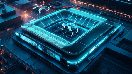 3d rendering of a futuristic city with neon lights and a droneの写真素材