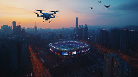 Drone flying over the empty football stadium at sunset. 3d renderingの写真素材