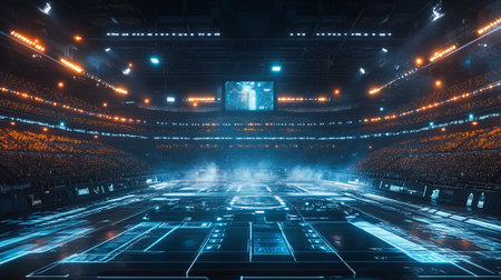 3D rendering of a futuristic stadium with lights and spotlights.の写真素材