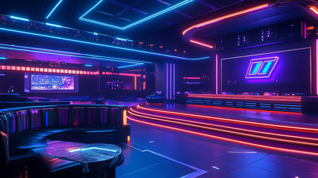 3D rendering of the interior of a gaming club with neon lightsの写真素材