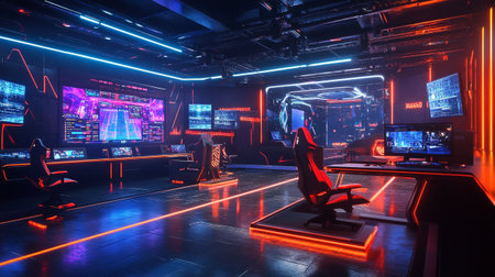 Futuristic gaming room with neon lights and cyberspace scene