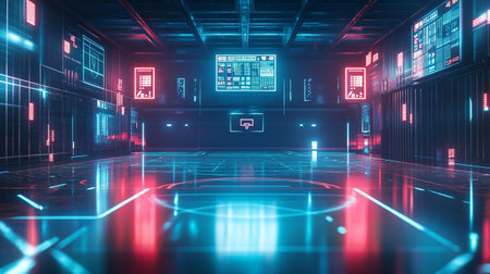 Futuristic corridor with neon lights. Futuristic interior concept. 3D Renderingの写真素材
