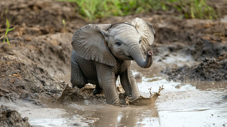 Elephant playing in mud in Chobe National Park, Botswana, Africa