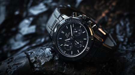 Men's luxury wristwatch with black dial and stainless steel bracelet.の写真素材