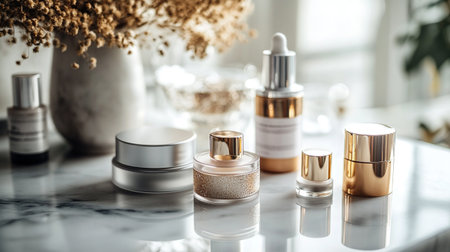 Cosmetic branding, toiletries and skincare concept - Luxury face cream bottlesle vanity table, make-up and skin care products for luxury beauty brand, holiday flatlay designの写真素材