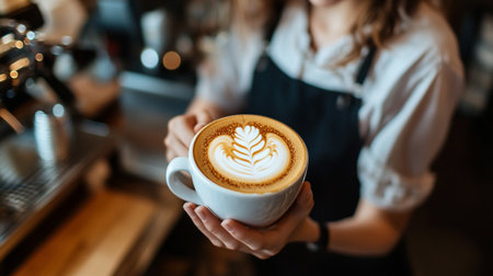 Coffee latte art in a cup on the bar backgroundの写真素材