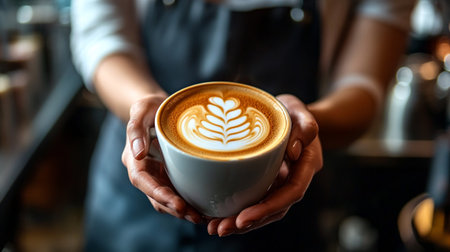 Close up of female barista holding a cup of latte art coffeeの写真素材