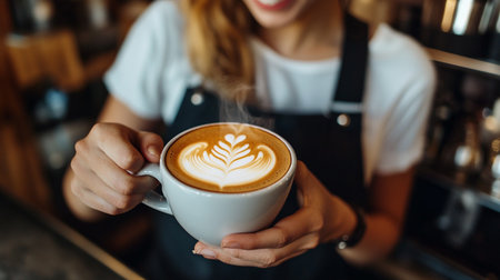 Close-up of female barista holding cup of hot latte art coffeeのeditorial素材