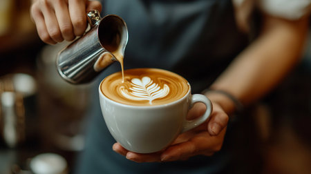 Barista making cappuccino in a cafe, close up