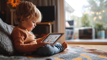 Cute little boy using digital tablet while sitting on the floor at home