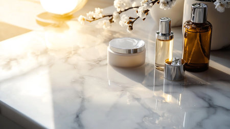 Cosmetic productsle table, closeup. Skin care conceptの写真素材