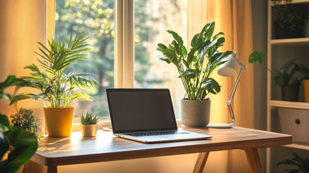Workplace with laptop and houseplants on table near window at homeの写真素材