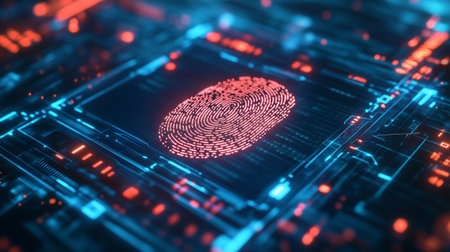 Fingerprint scanning system. 3d rendering toned image double exposureの写真素材