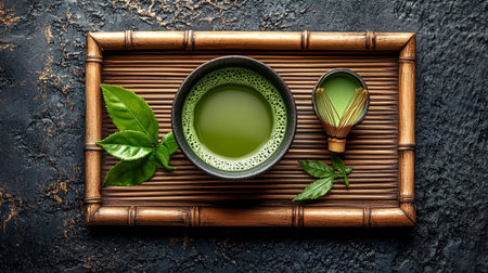 Matcha green tea in a cup and whisk on a wooden tray