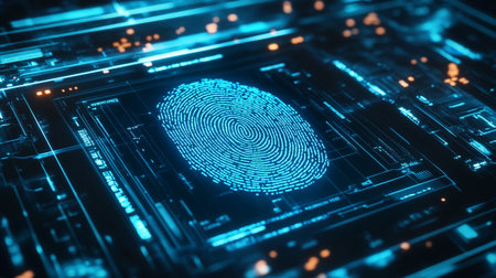 Fingerprint scan provides security access with biometrics identification. 3d rendering