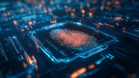 Fingerprint scan provides security access with biometrics identification. 3d rendering
