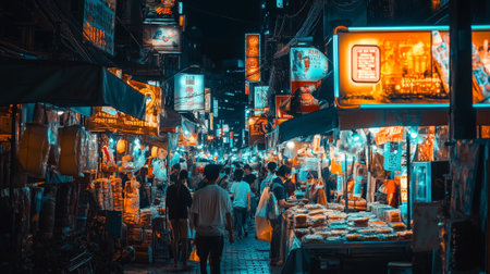 Unidentified people walking in night marketの写真素材