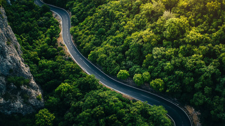 Aerial view of a winding road in the forest. Beautiful summer landscape