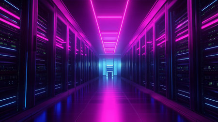 Server room data center hallway with bright neon lights. 3d rendering