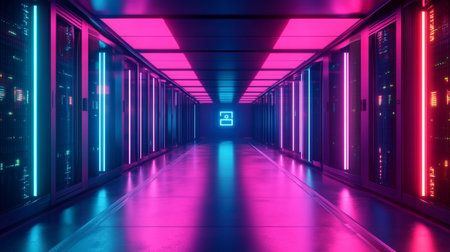 Futuristic data center corridor with glowing neon lights 3D rendering
