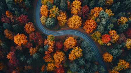 Aerial view of the road in the autumn forest. Top view