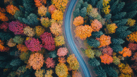 Aerial view of road in autumn forest with colorful trees. Top view