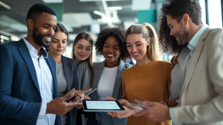 Group of multiethnic business people using digital tablet in modern office