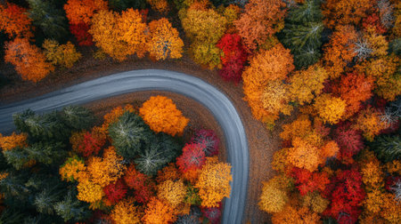 Aerial view of the road in the autumn forest with colorful trees.