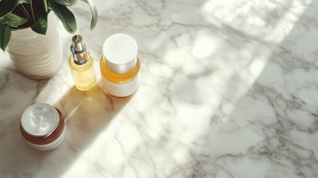 Cosmetic bottles and green plantle table, flat lay. Space for textの写真素材