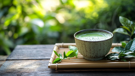 Japanese matcha green tea in cup on wooden table with copy space