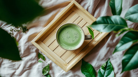 Cup of hot matcha tea on wooden tray and green leaves, top view