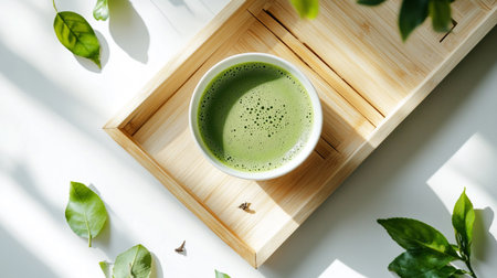 Matcha green tea in a ceramic cup on a wooden tray with green leaves.