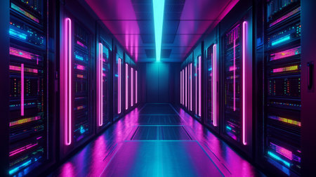 Server room data center. Backup, mining, hosting, mainframe and computer rack with storage...