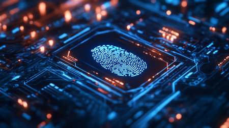 Fingerprint scan on computer circuit board. Biometric security concept. 3d illustrationの写真素材