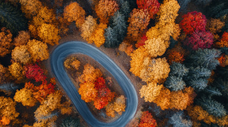 Aerial view of autumn forest with curved road. Top view.