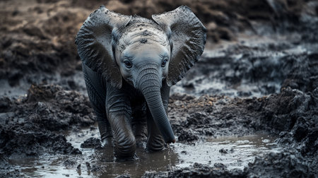 Baby elephant playing in mud, Chobe National Park, Botswana, Africaの写真素材