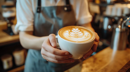 Barista holding a cup of coffee latte art in coffee shop